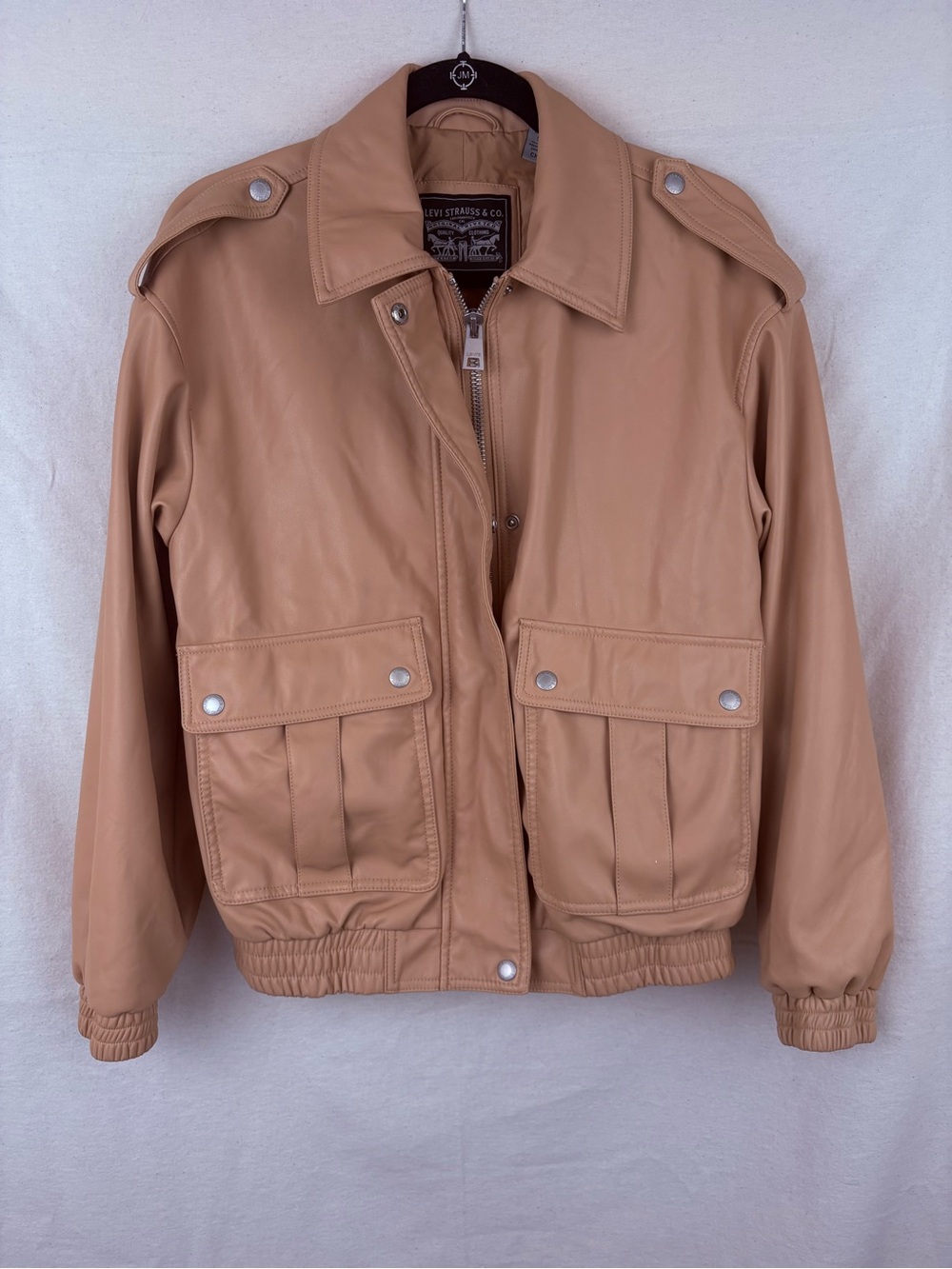 Levi's Men’s Beige/Tan Vegan Faux Leather Bomber Jacket with Flap Pockets SMALL
